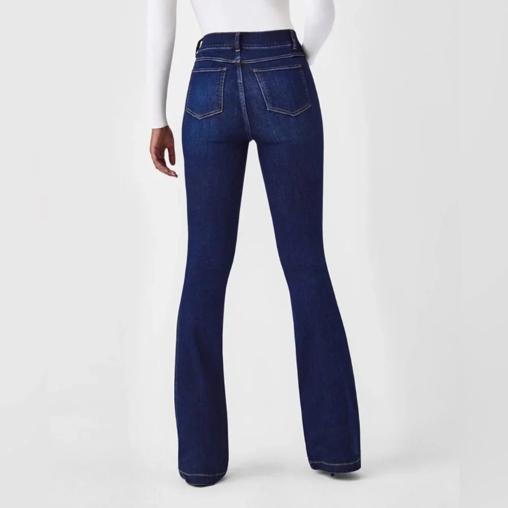 SPANX High Rise Pull-On Flare Midnight Dark Wash Jeans Size L - Picture 4 of 16